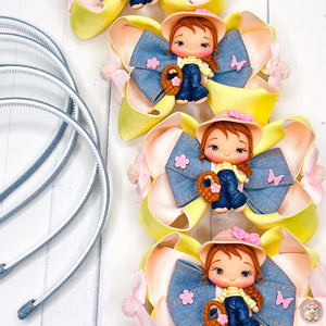 Headband and Hair Clip 2in1 Cute Dolly Denim Pink and yellow butterfly carrying a basket very cute gift girls kids toddler big bow Christmas Birthday everyday