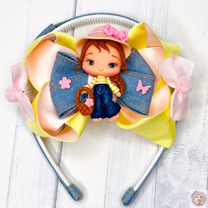 Headband and Hair Clip 2in1 Cute Dolly Denim Pink and yellow butterfly carrying a basket very cute gift girls kids toddler big bow Christmas Birthday everyday