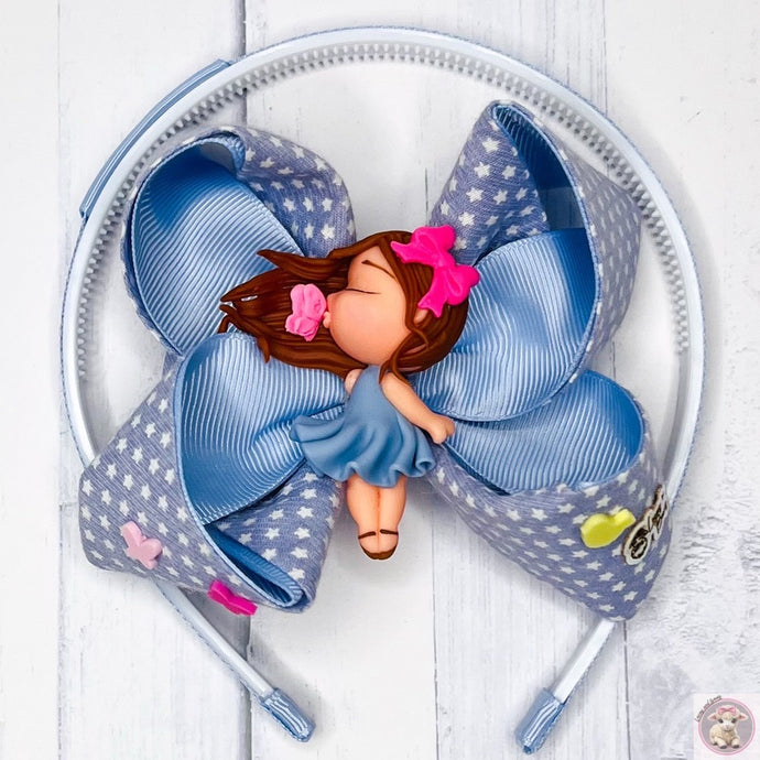 2 in 1 Headband and Hair Clip Dolly windy hair kissing a pink little butterfly Stars Ribbon Blue kids Girls Everyday Christmas Gift Birthday