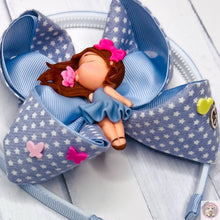 Load image into Gallery viewer, 2 in 1 Headband and Hair Clip Dolly windy hair kissing a pink little butterfly Stars Ribbon Blue kids Girls Everyday Christmas Gift Birthday