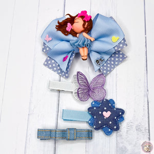 Set of 4 Hair Clip Dolly windy hair kissing a pink little butterfly  ButterFly Hair Clip Star and Heart Hair Clip Little Bow Denim Hair Clip Stars Ribbon Blue kids Girls Everyday Christmas Gift Birthday