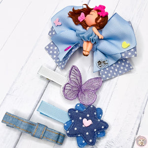 Set of 4 Hair Clip Dolly windy hair kissing a pink little butterfly  ButterFly Hair Clip Star and Heart Hair Clip Little Bow Denim Hair Clip Stars Ribbon Blue kids Girls Everyday Christmas Gift Birthday