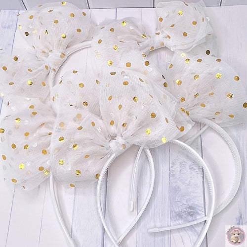 Golden Polka Dot White Tulle Bow Headband Gorgeous Kids Toddlers Woman Gift Everyday Birthday Christmas Headband Collection