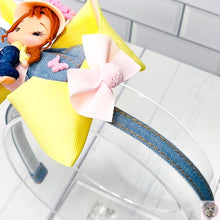 Load image into Gallery viewer, Headband and Hair Clip 2in1 Cute Dolly Denim Pink and yellow butterfly carrying a basket very cute gift girls kids toddler big bow Christmas Birthday everyday