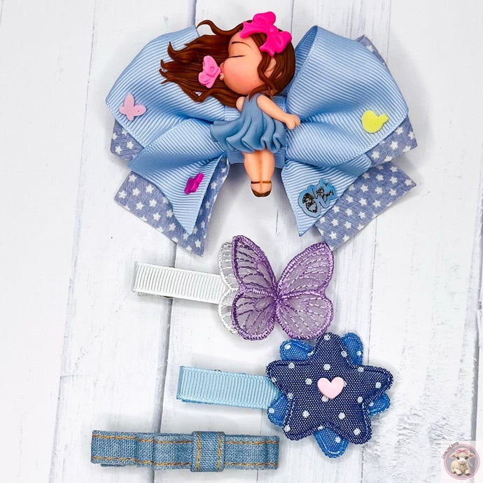 Set of 4 Hair Clip Dolly windy hair kissing a pink little butterfly  ButterFly Hair Clip Star and Heart Hair Clip Little Bow Denim Hair Clip Stars Ribbon Blue kids Girls Everyday Christmas Gift Birthday