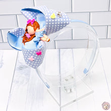 Load image into Gallery viewer, 2 in 1 Headband and Hair Clip Dolly windy hair kissing a pink little butterfly Stars Ribbon Blue kids Girls Everyday Christmas Gift Birthday