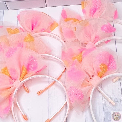 Lovely Heart Tulle Bow Headband Light Pink Tulle with Sparkly Hearts in Pink and Orange Kids Toddler Gift Birthday Everyday Christmas 